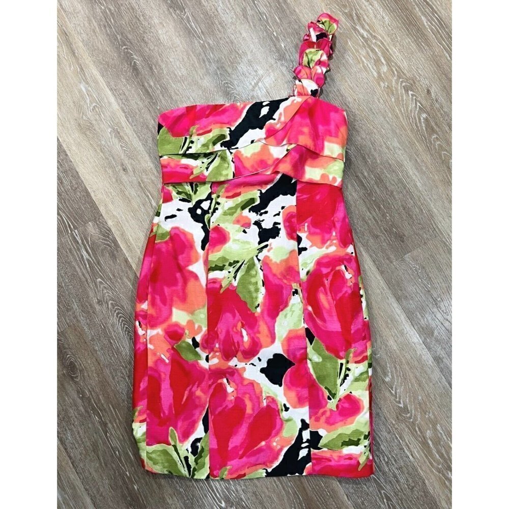 London Times Sz 10 Ruffled One Shoulder Floral Print Dupioni Sheath Pencil Dress